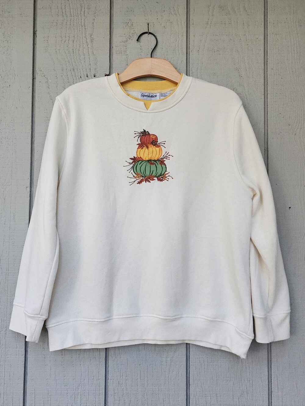 Vintage 90s Speculation Cream Embroidered Pumpkin Crewneck Sweatshirt Sz Large